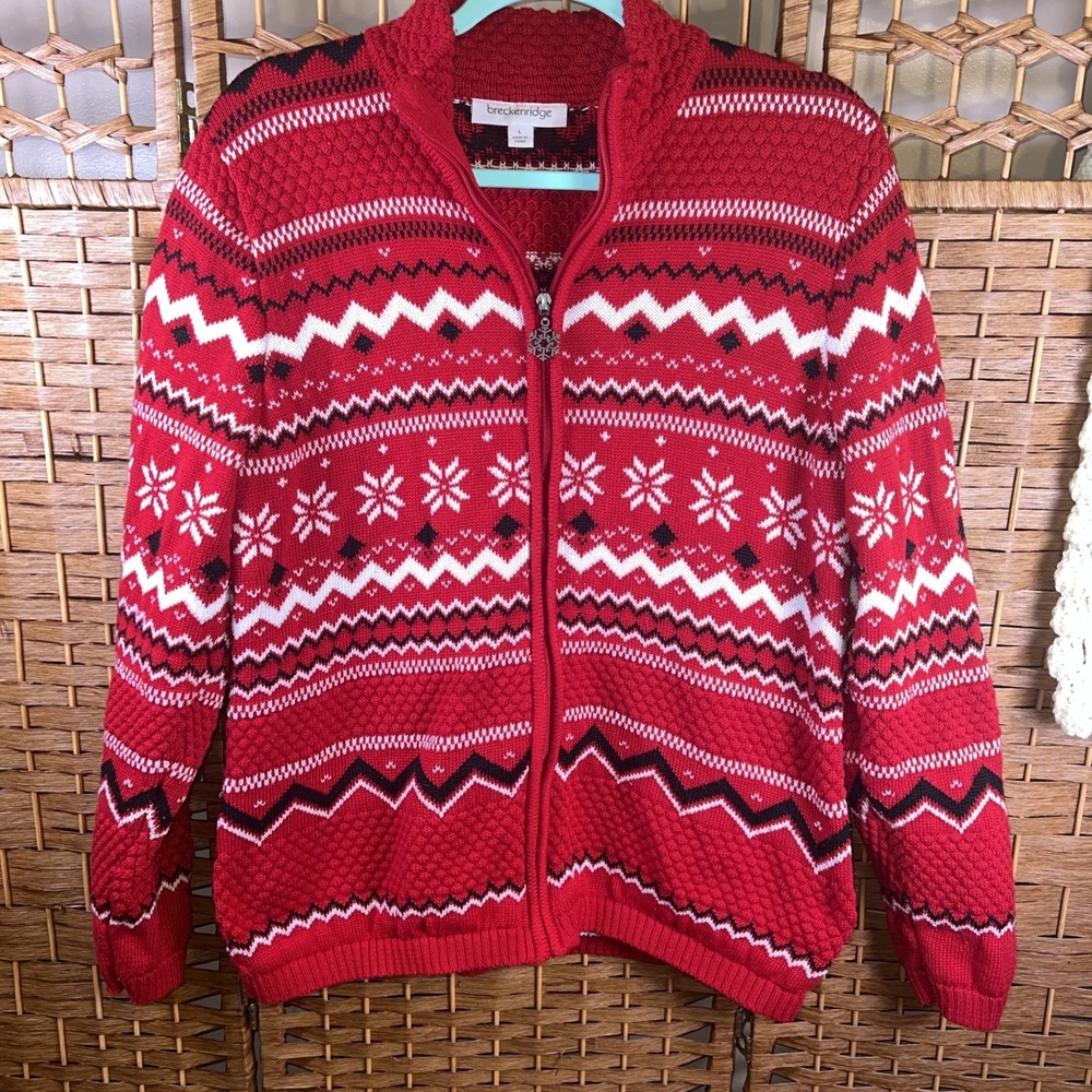 Breckenridge Fair Isle Nordic Red & Black Snowflake Cardigan Zip Sweater, Sz L
